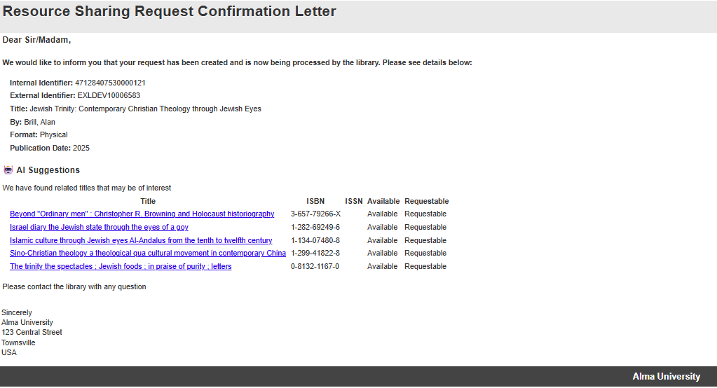 The AI Recommended resource sharing titles letter.